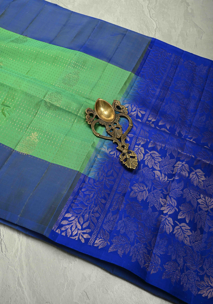 Spring Green Zari Stripes on Kanjivaram Soft Silk Saree with Zari Buttas and Contrast Border | SILK MARK CERTIFIED