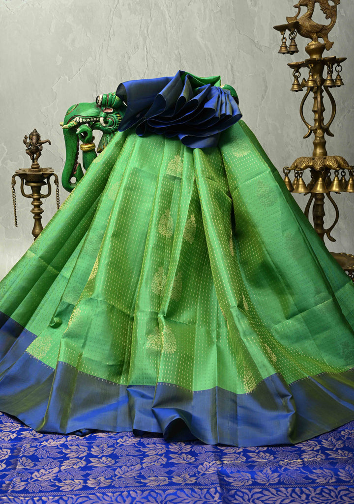 Spring Green Zari Stripes on Kanjivaram Soft Silk Saree with Zari Buttas and Contrast Border | SILK MARK CERTIFIED