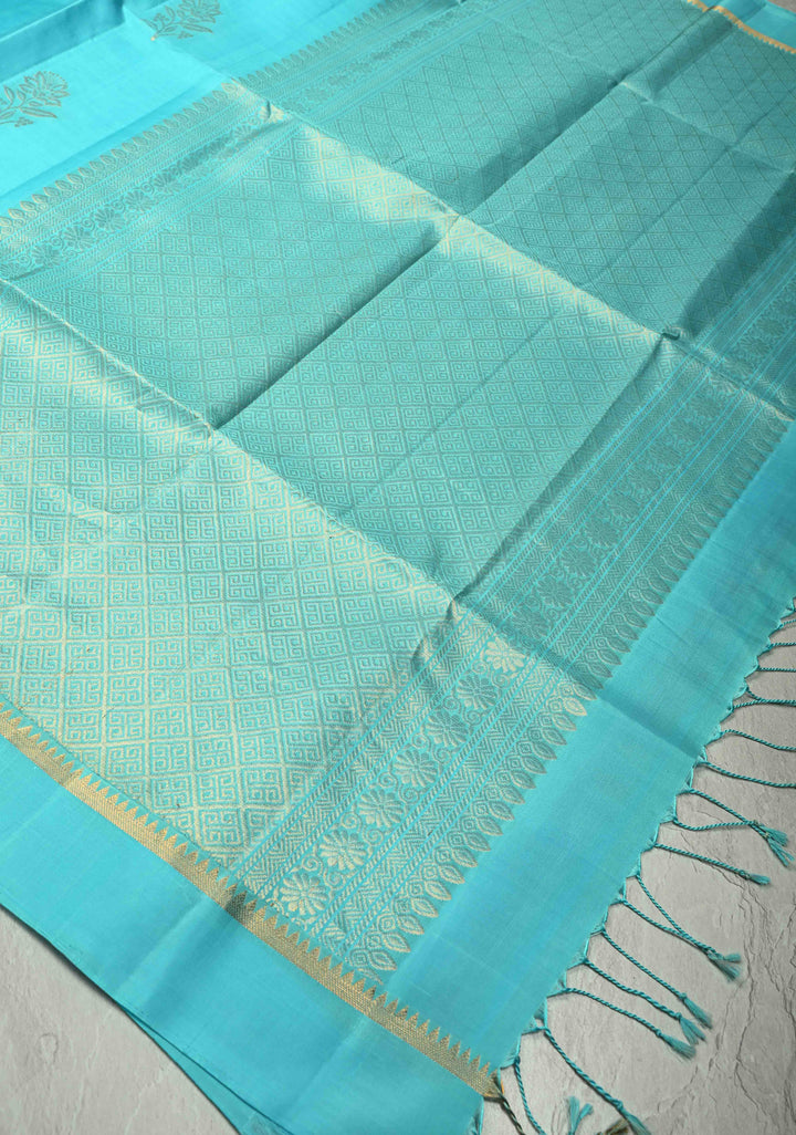 Cyan Kanjivaram Soft Silk Saree with Floral Zari Buttas and Zari Pallu | SILK MARK CERTIFIED