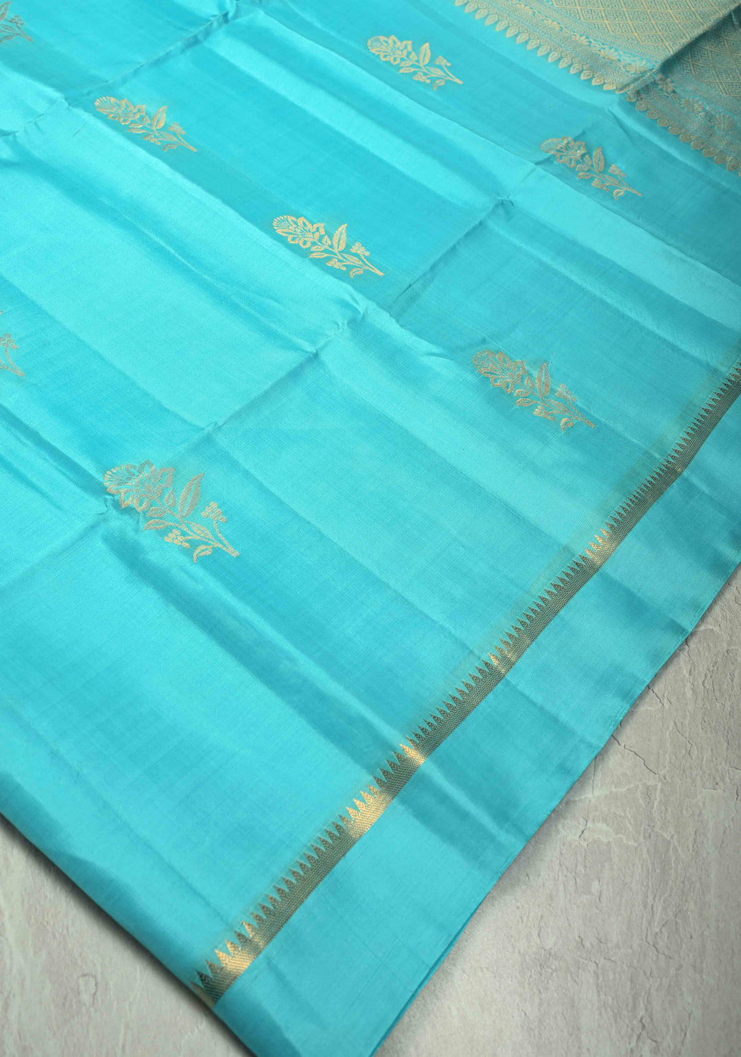 Cyan Kanjivaram Soft Silk Saree with Floral Zari Buttas and Zari Pallu | SILK MARK CERTIFIED