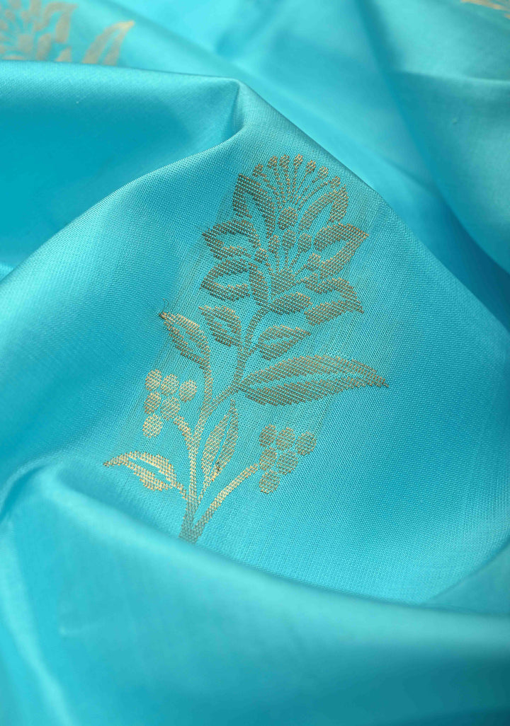 Cyan Kanjivaram Soft Silk Saree with Floral Zari Buttas and Zari Pallu | SILK MARK CERTIFIED