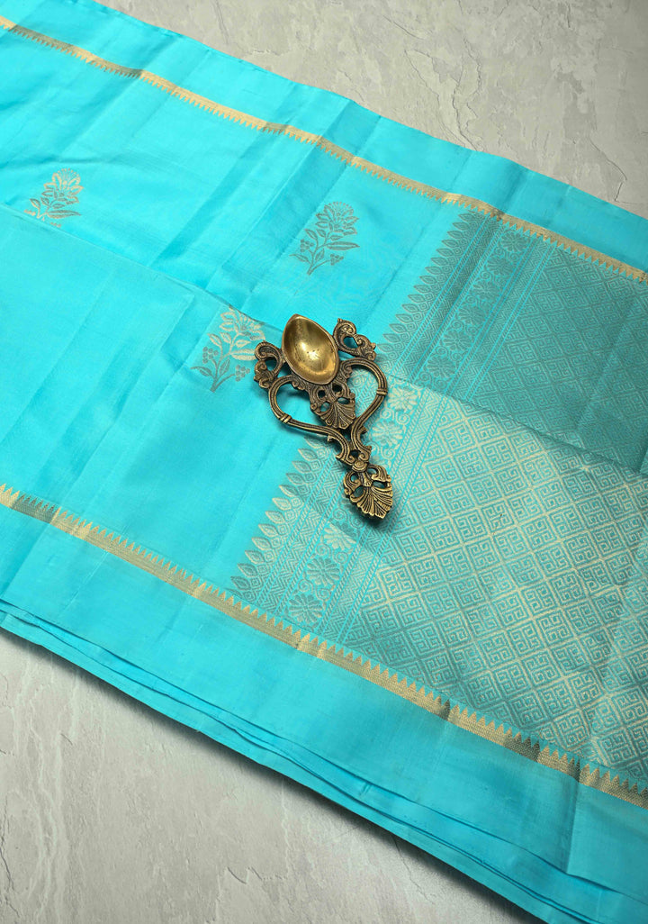 Cyan Kanjivaram Soft Silk Saree with Floral Zari Buttas and Zari Pallu | SILK MARK CERTIFIED