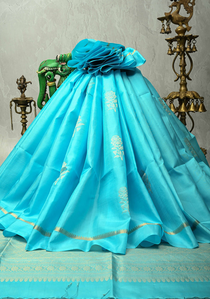 Cyan Kanjivaram Soft Silk Saree with Floral Zari Buttas and Zari Pallu | SILK MARK CERTIFIED