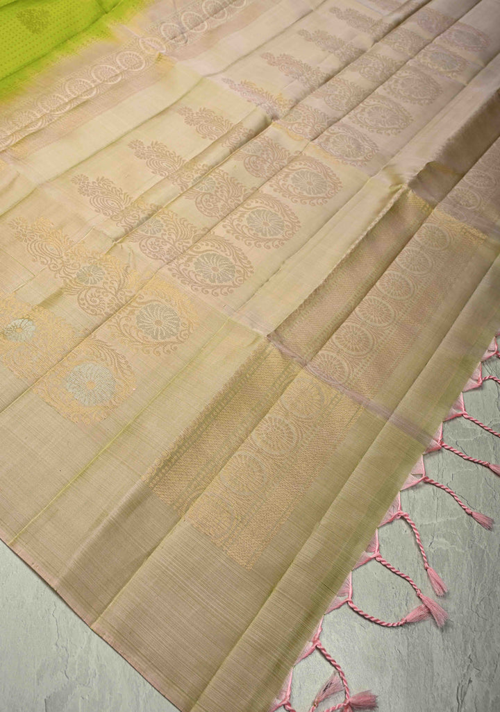 Parrot Green Zari Stripes on Kanjivaram Soft Silk Saree with Zari Buttas and Contrast Border | SILK MARK CERTIFIED