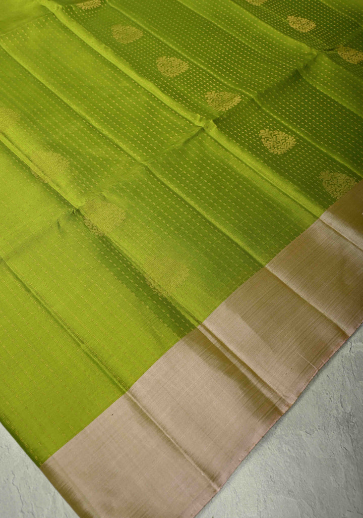 Parrot Green Zari Stripes on Kanjivaram Soft Silk Saree with Zari Buttas and Contrast Border | SILK MARK CERTIFIED