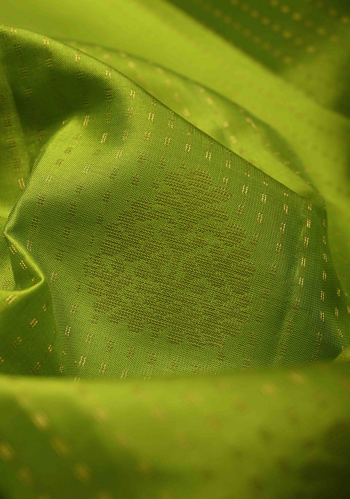 Parrot Green Zari Stripes on Kanjivaram Soft Silk Saree with Zari Buttas and Contrast Border | SILK MARK CERTIFIED