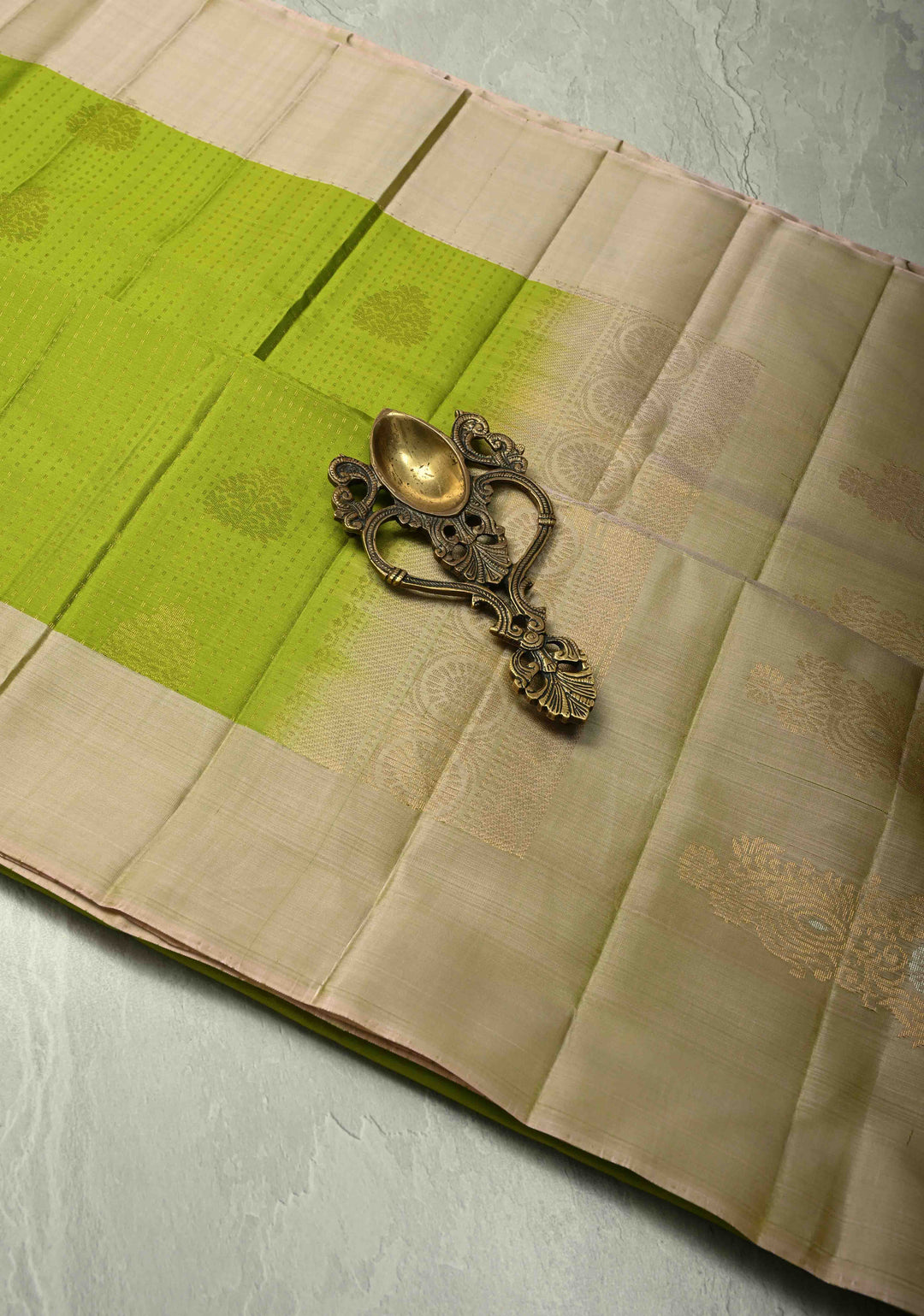 Parrot Green Zari Stripes on Kanjivaram Soft Silk Saree with Zari Buttas and Contrast Border | SILK MARK CERTIFIED