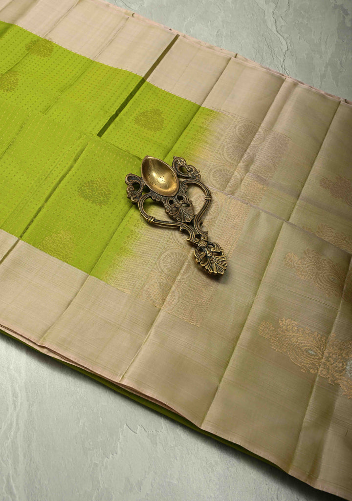 Parrot Green Zari Stripes on Kanjivaram Soft Silk Saree with Zari Buttas and Contrast Border | SILK MARK CERTIFIED