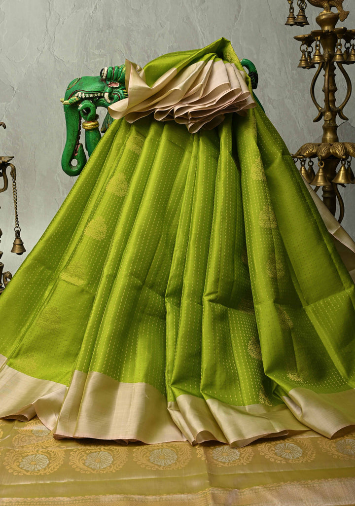Parrot Green Zari Stripes on Kanjivaram Soft Silk Saree with Zari Buttas and Contrast Border | SILK MARK CERTIFIED
