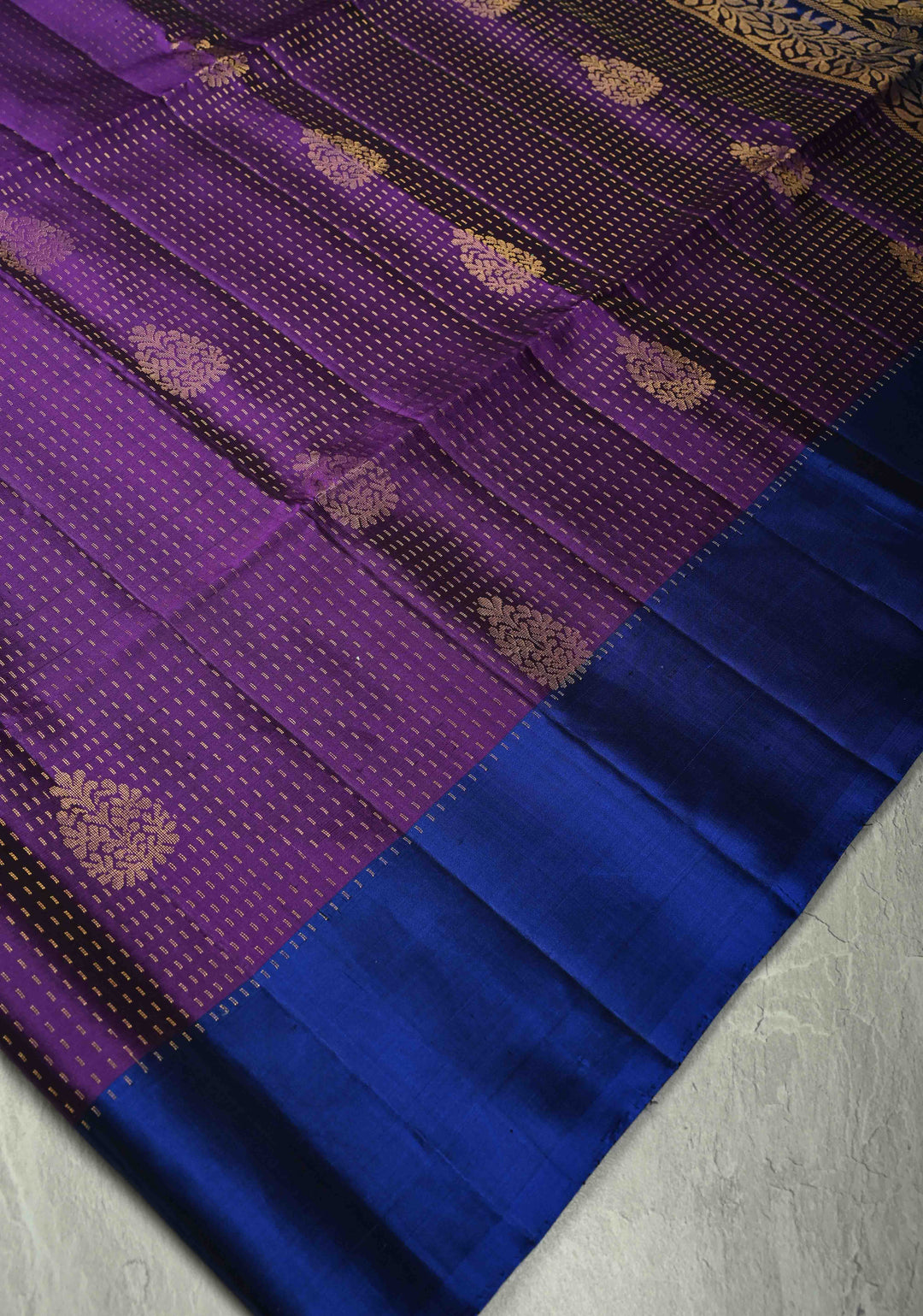 Eggplant Purple Zari Stripes on Kanjivaram Soft Silk Saree with Zari Buttas and Contrast Border | SILK MARK CERTIFIED