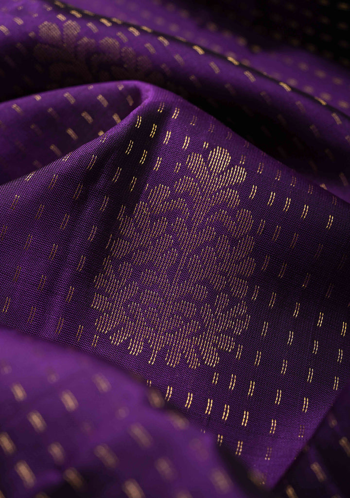 Eggplant Purple Zari Stripes on Kanjivaram Soft Silk Saree with Zari Buttas and Contrast Border | SILK MARK CERTIFIED