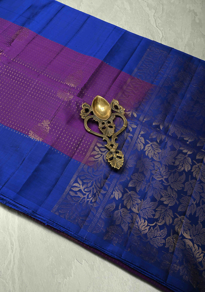 Eggplant Purple Zari Stripes on Kanjivaram Soft Silk Saree with Zari Buttas and Contrast Border | SILK MARK CERTIFIED