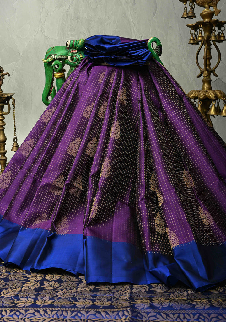 Eggplant Purple Zari Stripes on Kanjivaram Soft Silk Saree with Zari Buttas and Contrast Border | SILK MARK CERTIFIED