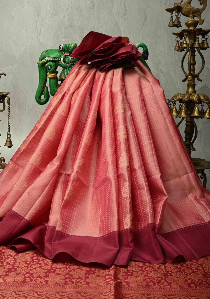 Coral Pink Zari Stripes on Kanjivaram Soft Silk Saree with Zari Buttas and Contrast Border | SILK MARK CERTIFIED