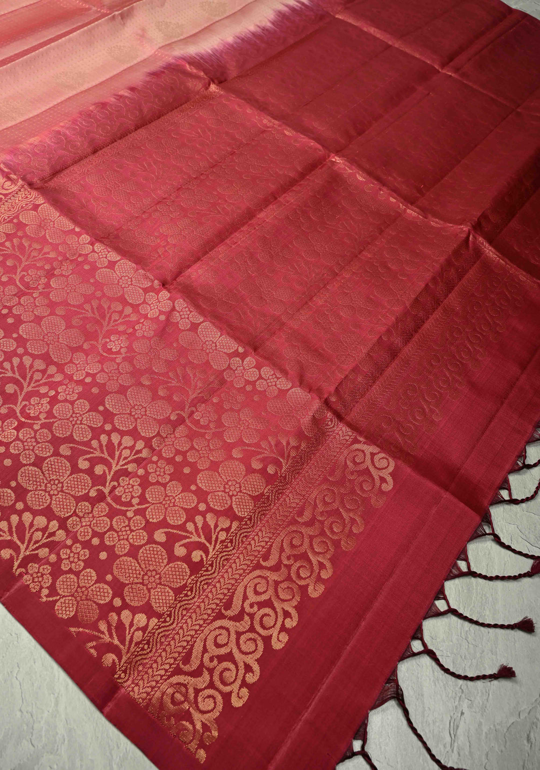 Coral Pink Zari Stripes on Kanjivaram Soft Silk Saree with Zari Buttas and Contrast Border | SILK MARK CERTIFIED