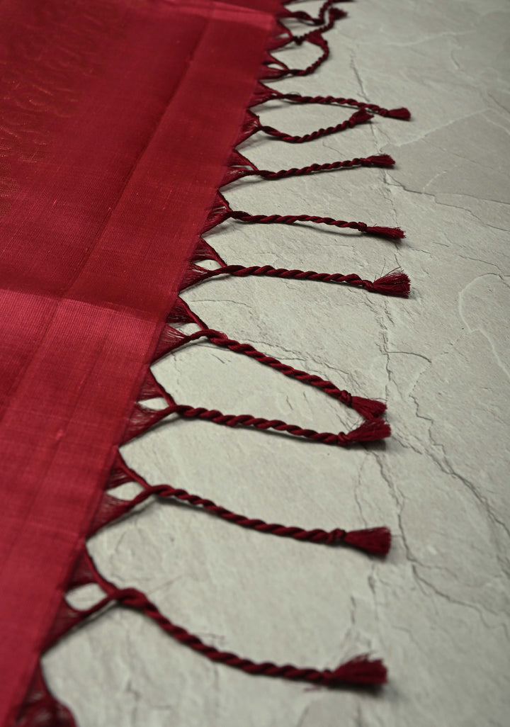 Coral Pink Zari Stripes on Kanjivaram Soft Silk Saree with Zari Buttas and Contrast Border | SILK MARK CERTIFIED