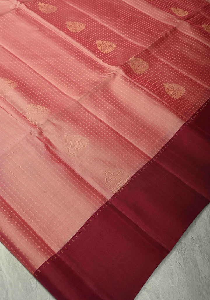 Coral Pink Zari Stripes on Kanjivaram Soft Silk Saree with Zari Buttas and Contrast Border | SILK MARK CERTIFIED
