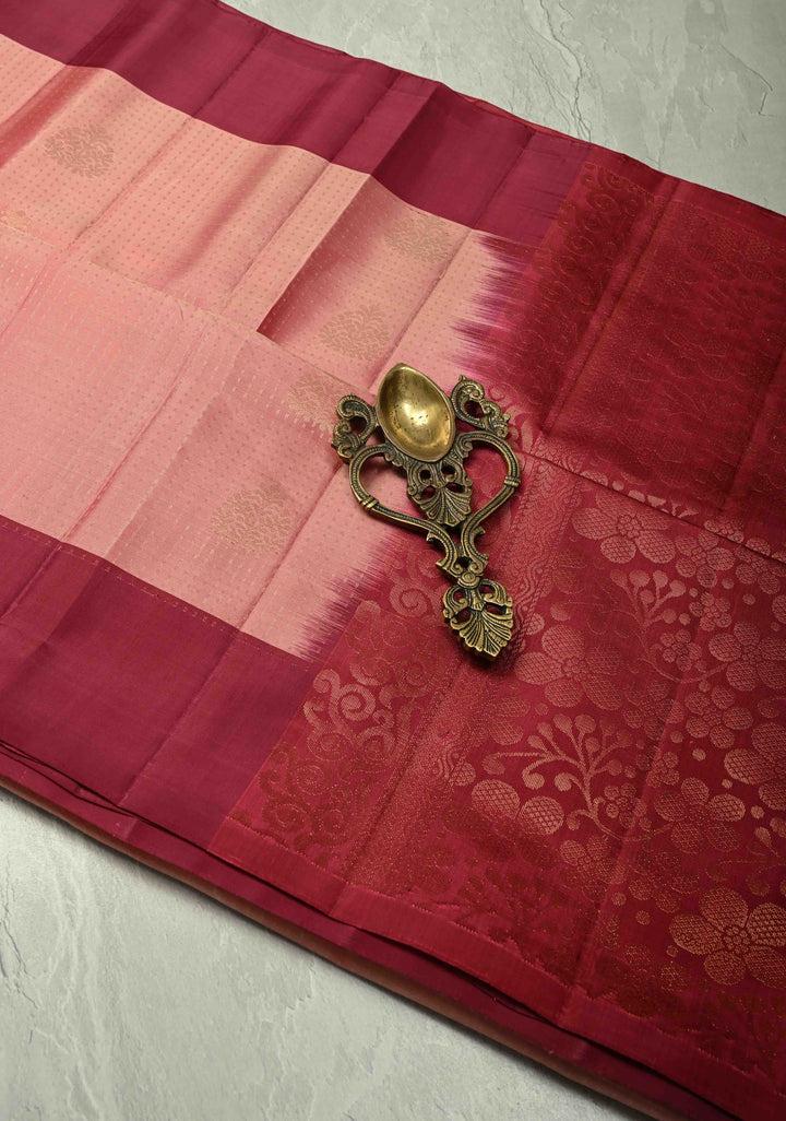 Coral Pink Zari Stripes on Kanjivaram Soft Silk Saree with Zari Buttas and Contrast Border | SILK MARK CERTIFIED