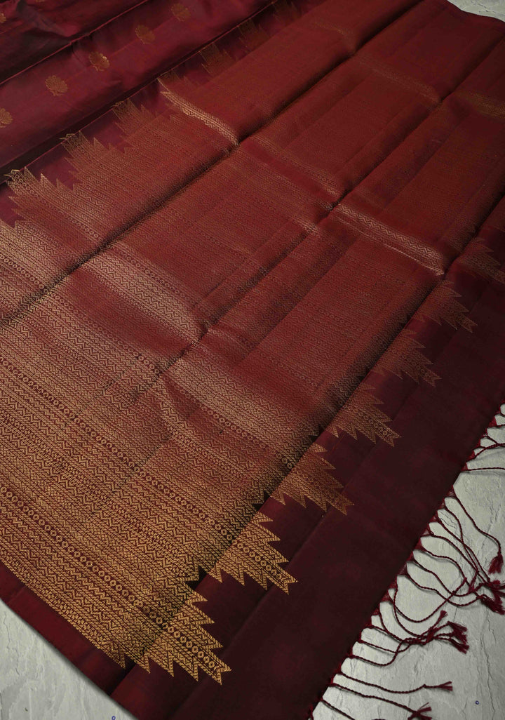 Deep maroon  Kanjivaram Soft Silk Saree with Floral Zari Buttas and Temple Zari Border | SILK MARK CERTIFIED