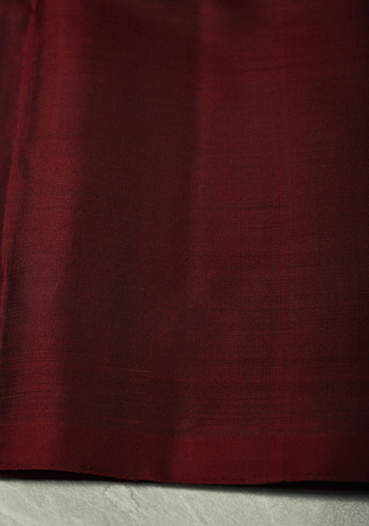 Deep maroon  Kanjivaram Soft Silk Saree with Floral Zari Buttas and Temple Zari Border | SILK MARK CERTIFIED