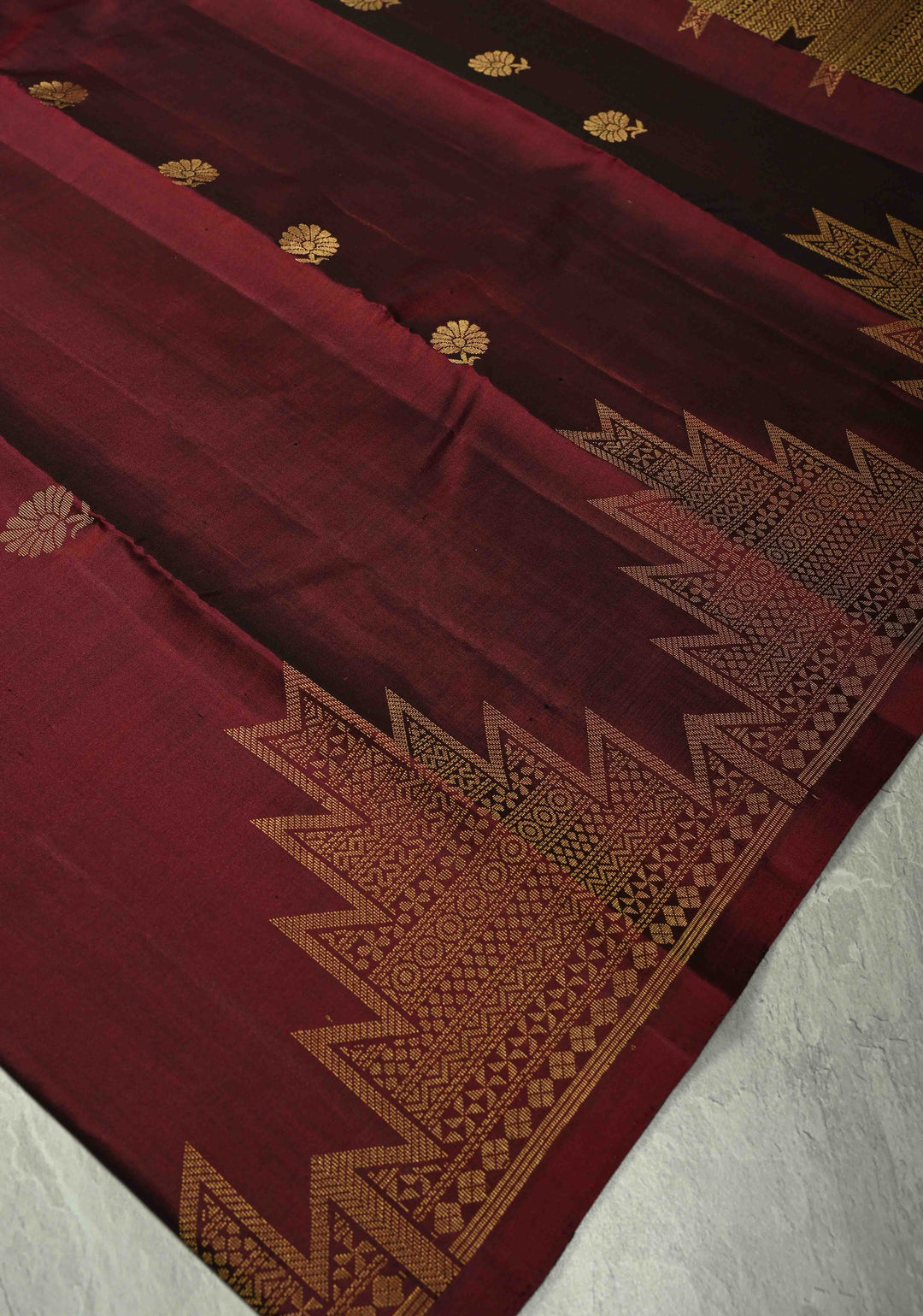 Deep maroon  Kanjivaram Soft Silk Saree with Floral Zari Buttas and Temple Zari Border | SILK MARK CERTIFIED