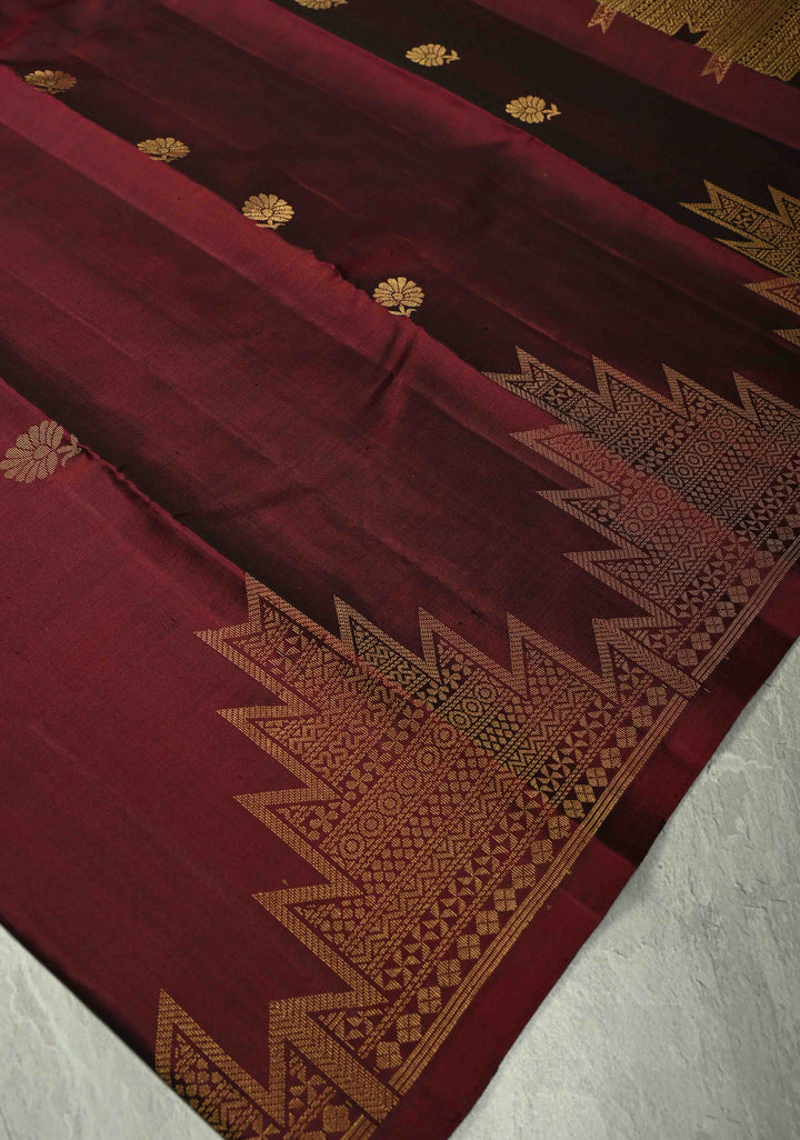 Deep maroon  Kanjivaram Soft Silk Saree with Floral Zari Buttas and Temple Zari Border | SILK MARK CERTIFIED