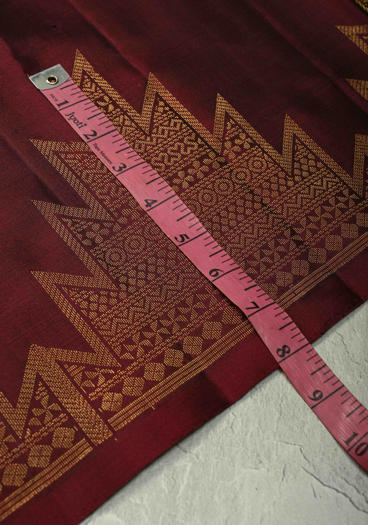 Deep maroon  Kanjivaram Soft Silk Saree with Floral Zari Buttas and Temple Zari Border | SILK MARK CERTIFIED