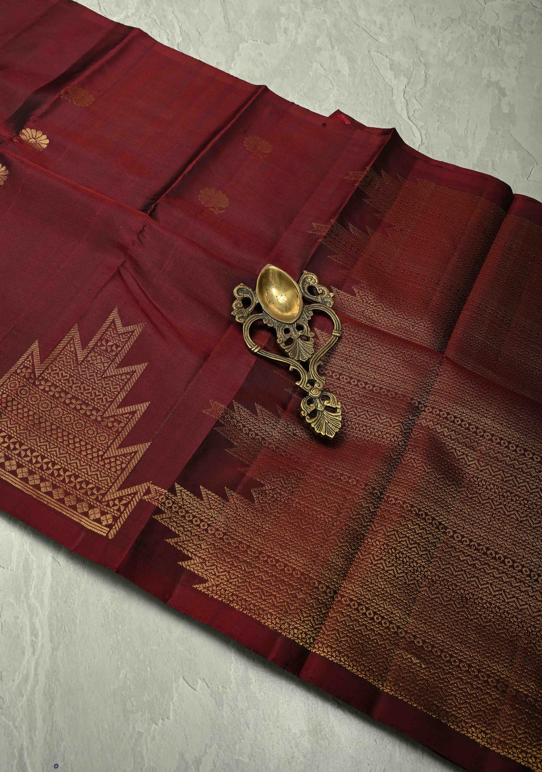 Deep maroon  Kanjivaram Soft Silk Saree with Floral Zari Buttas and Temple Zari Border | SILK MARK CERTIFIED