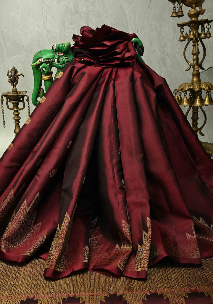 Deep maroon  Kanjivaram Soft Silk Saree with Floral Zari Buttas and Temple Zari Border | SILK MARK CERTIFIED