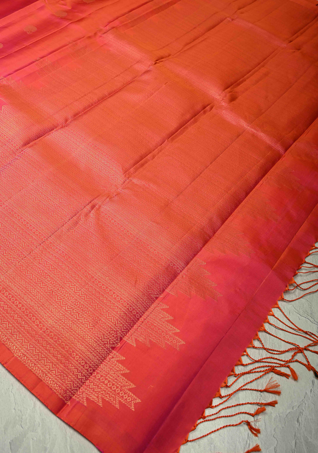 Pink Dual Tone Kanjivaram Soft Silk Saree with Floral Zari Buttas and Temple Zari Border | SILK MARK CERTIFIED