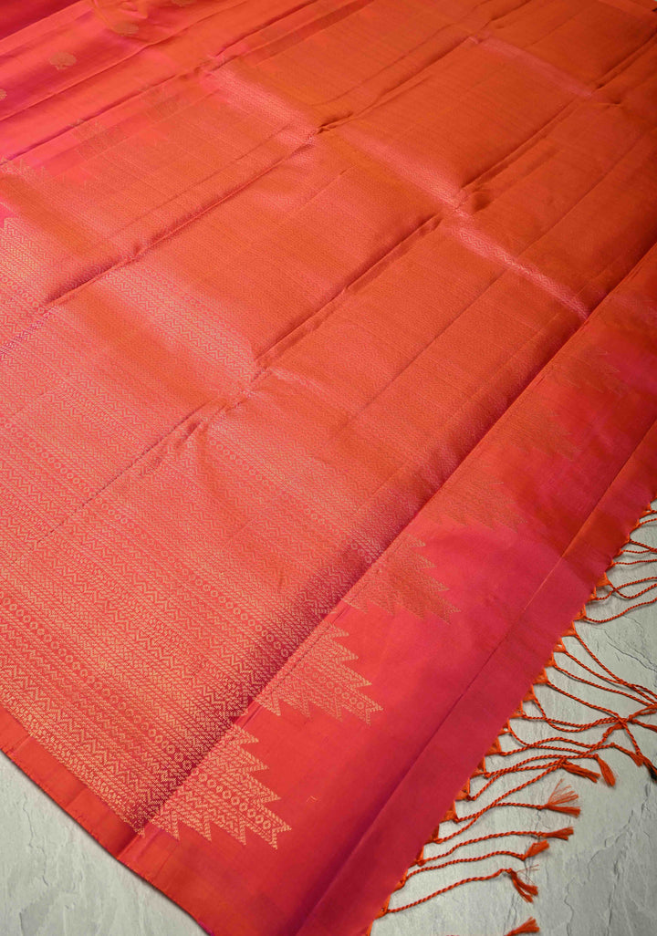 Pink Dual Tone Kanjivaram Soft Silk Saree with Floral Zari Buttas and Temple Zari Border | SILK MARK CERTIFIED