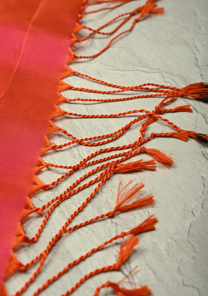 Pink Dual Tone Kanjivaram Soft Silk Saree with Floral Zari Buttas and Temple Zari Border | SILK MARK CERTIFIED