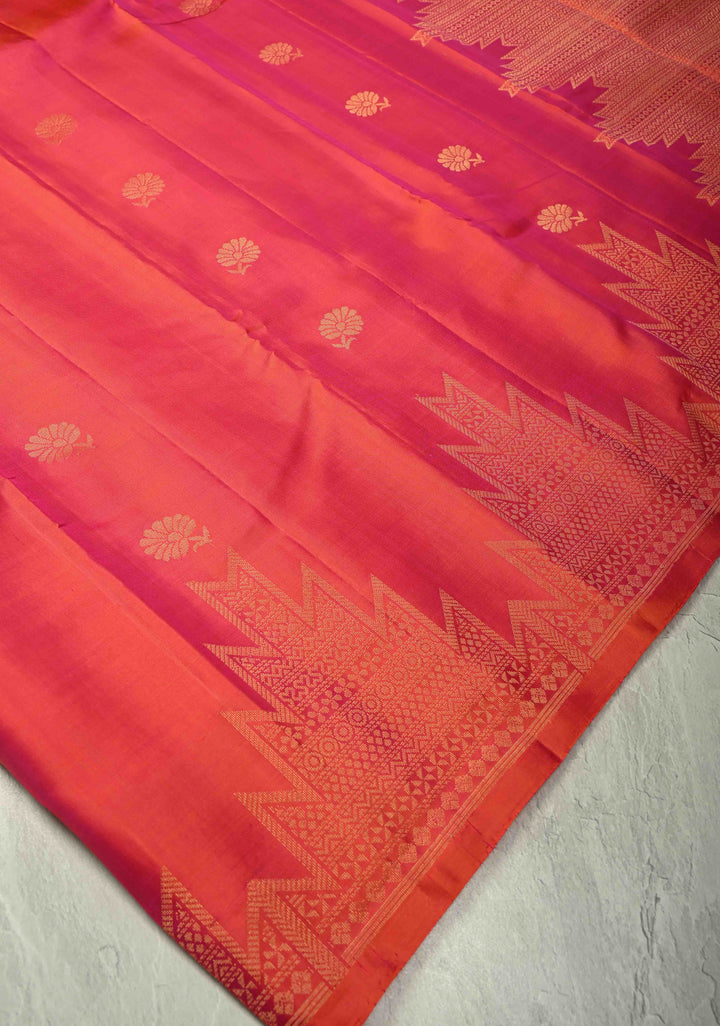 Pink Dual Tone Kanjivaram Soft Silk Saree with Floral Zari Buttas and Temple Zari Border | SILK MARK CERTIFIED