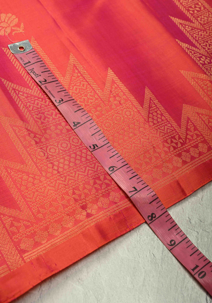 Pink Dual Tone Kanjivaram Soft Silk Saree with Floral Zari Buttas and Temple Zari Border | SILK MARK CERTIFIED