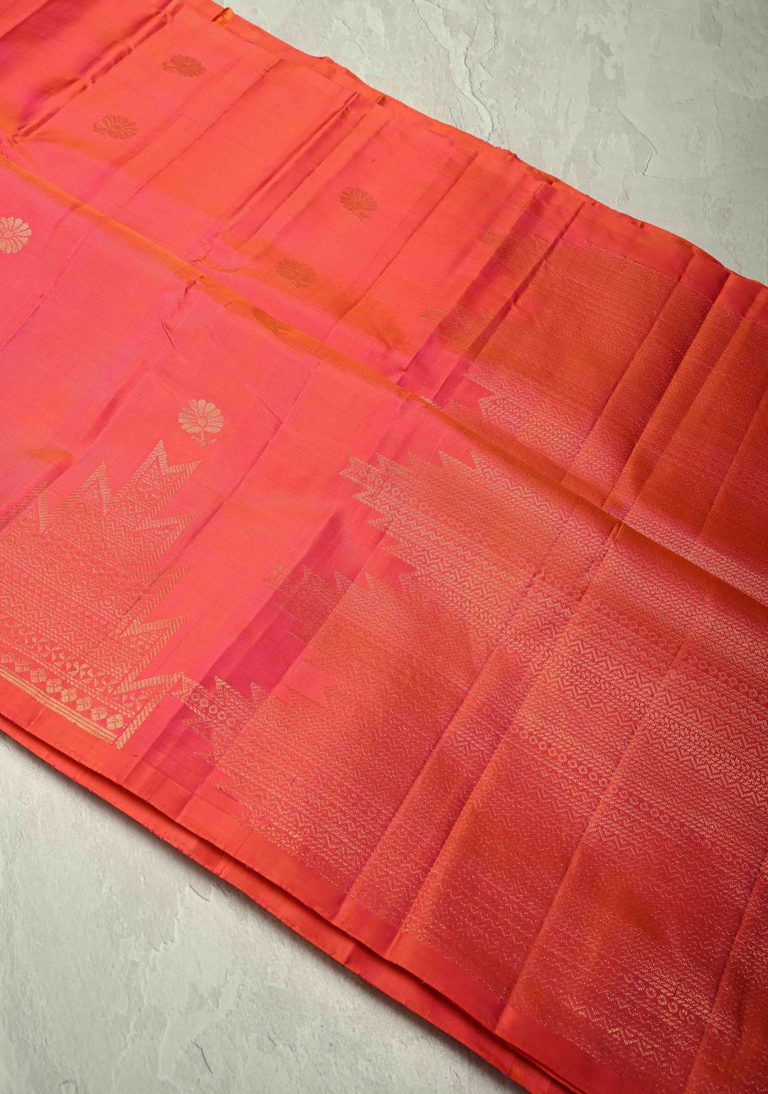 Pink Dual Tone Kanjivaram Soft Silk Saree with Floral Zari Buttas and Temple Zari Border | SILK MARK CERTIFIED