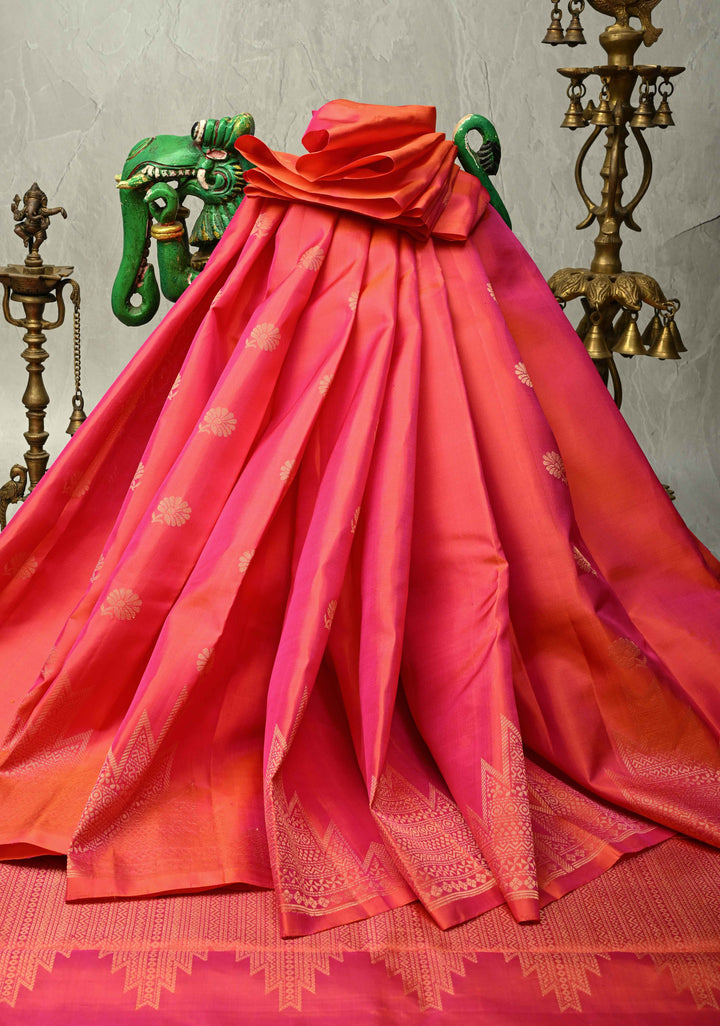 Pink Dual Tone Kanjivaram Soft Silk Saree with Floral Zari Buttas and Temple Zari Border | SILK MARK CERTIFIED