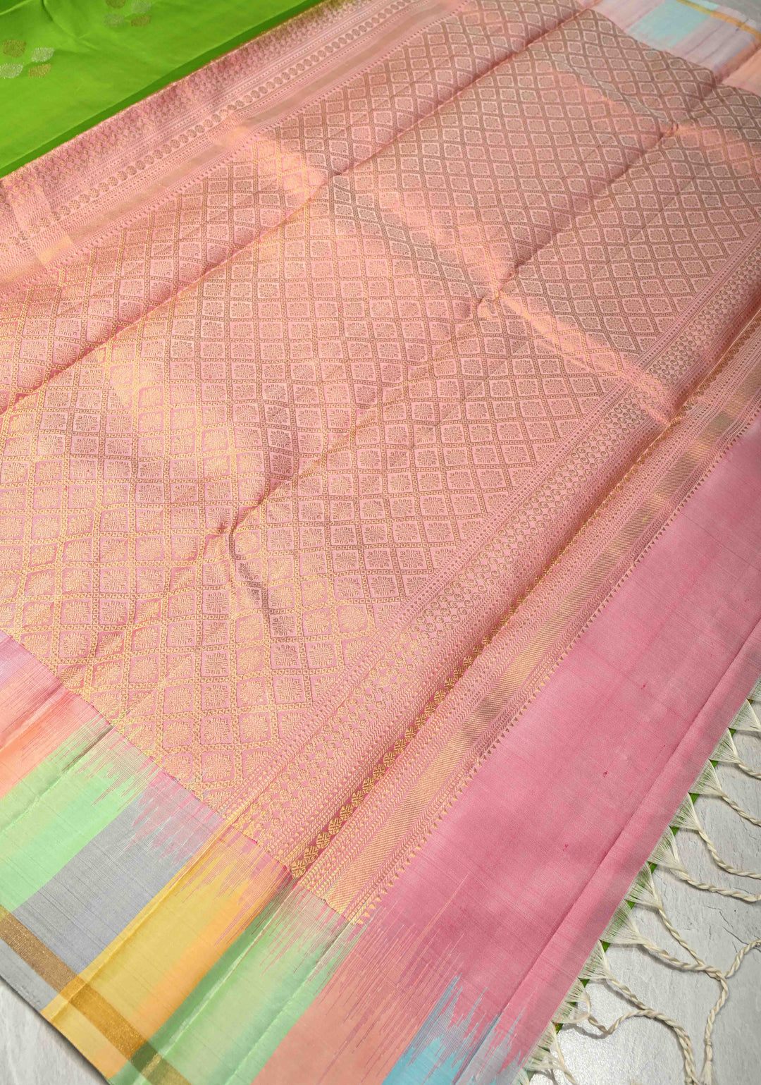 Lime Green Pure Kanjivaram Soft Silk Saree with Gold-Silver Floral Buttas and  Rangkaat Style Border | SILK MARK CERTIFIED