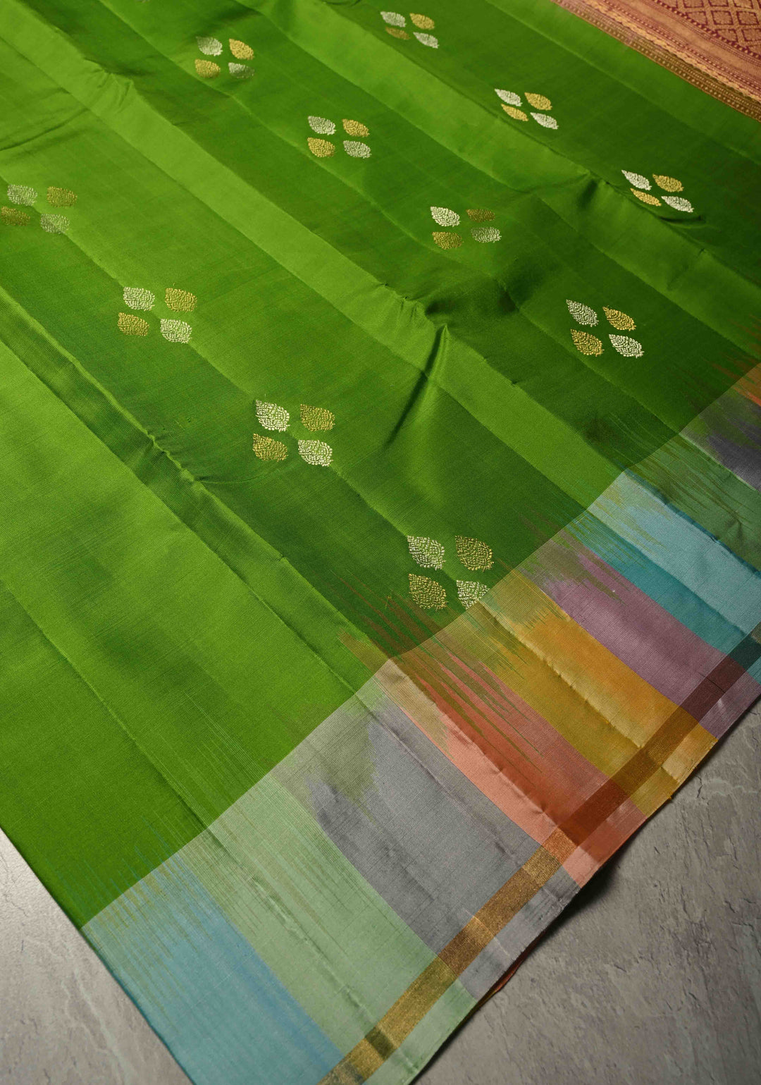 Lime Green Pure Kanjivaram Soft Silk Saree with Gold-Silver Floral Buttas and  Rangkaat Style Border | SILK MARK CERTIFIED