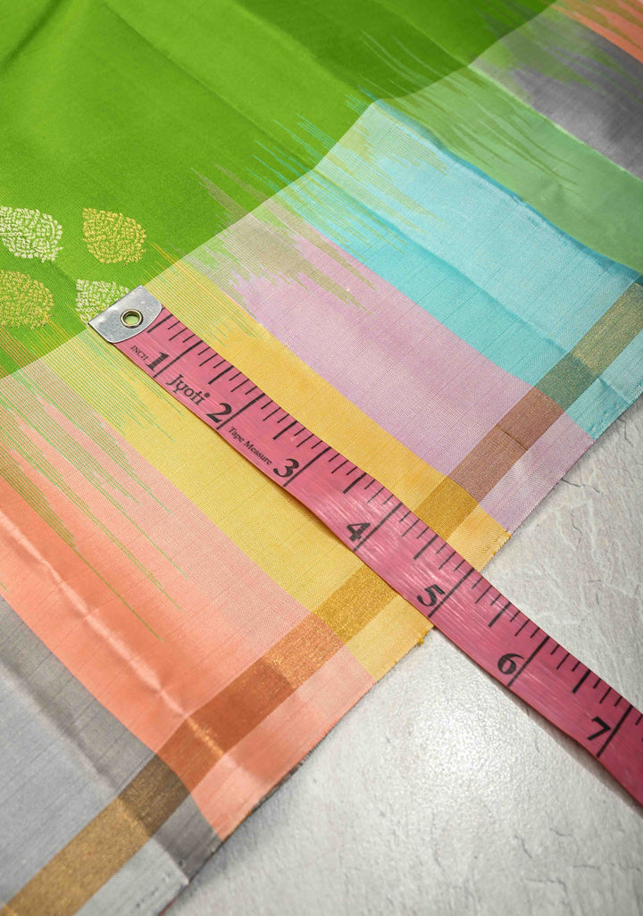 Lime Green Pure Kanjivaram Soft Silk Saree with Gold-Silver Floral Buttas and  Rangkaat Style Border | SILK MARK CERTIFIED