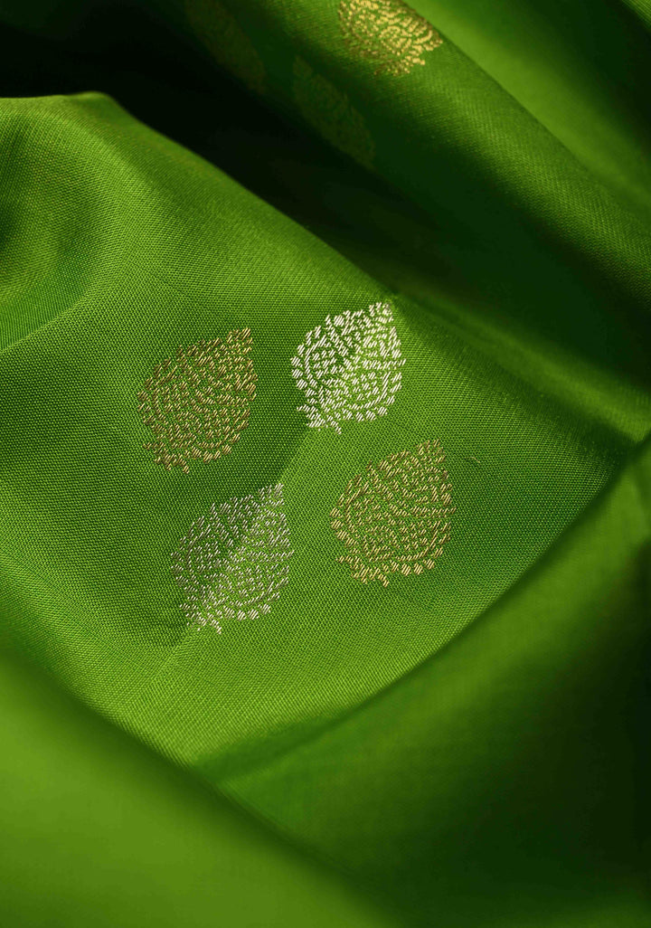 Lime Green Pure Kanjivaram Soft Silk Saree with Gold-Silver Floral Buttas and  Rangkaat Style Border | SILK MARK CERTIFIED