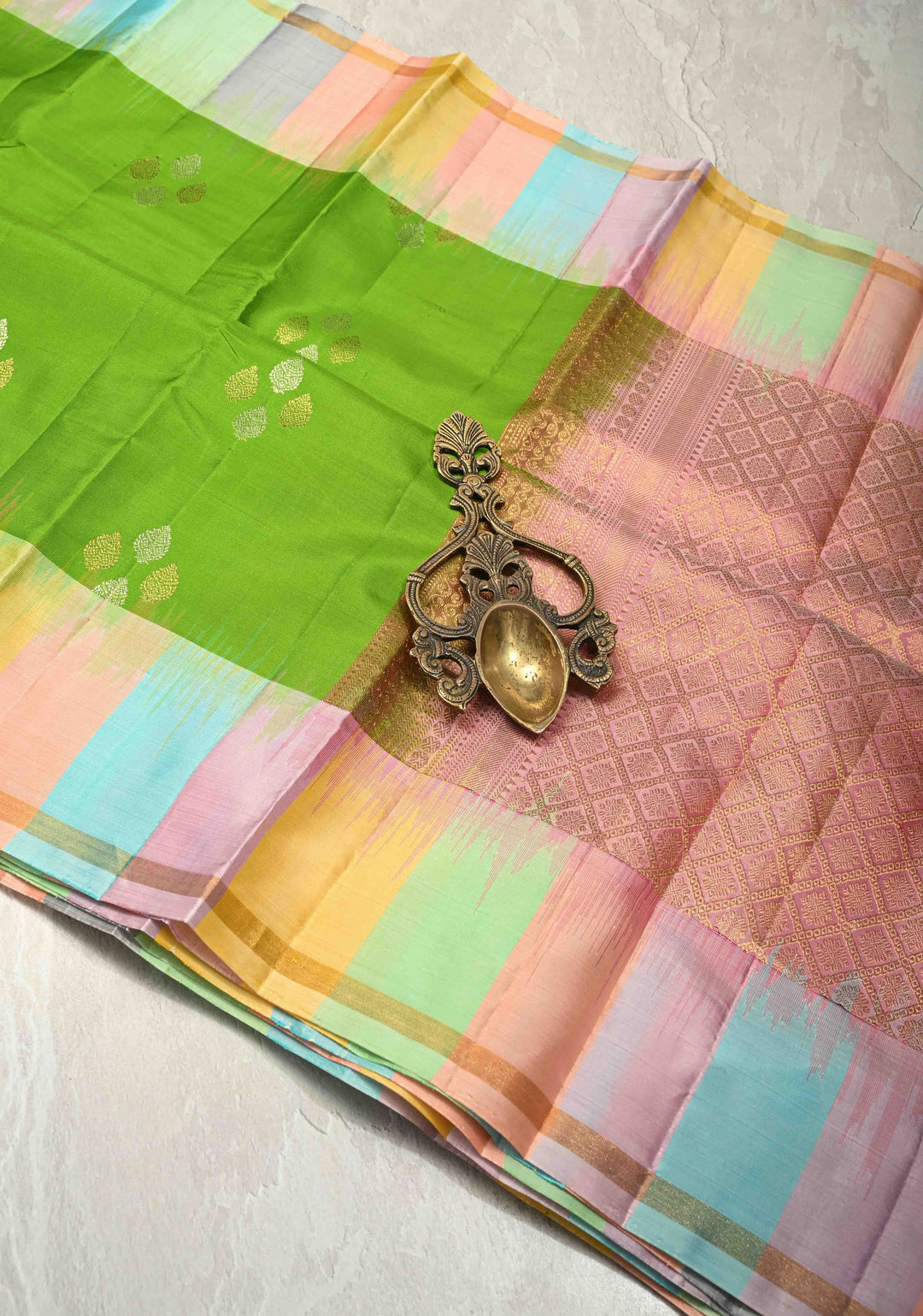 Lime Green Pure Kanjivaram Soft Silk Saree with Gold-Silver Floral Buttas and  Rangkaat Style Border | SILK MARK CERTIFIED