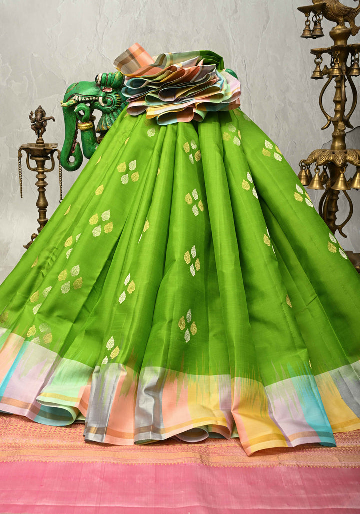 Lime Green Pure Kanjivaram Soft Silk Saree with Gold-Silver Floral Buttas and  Rangkaat Style Border | SILK MARK CERTIFIED