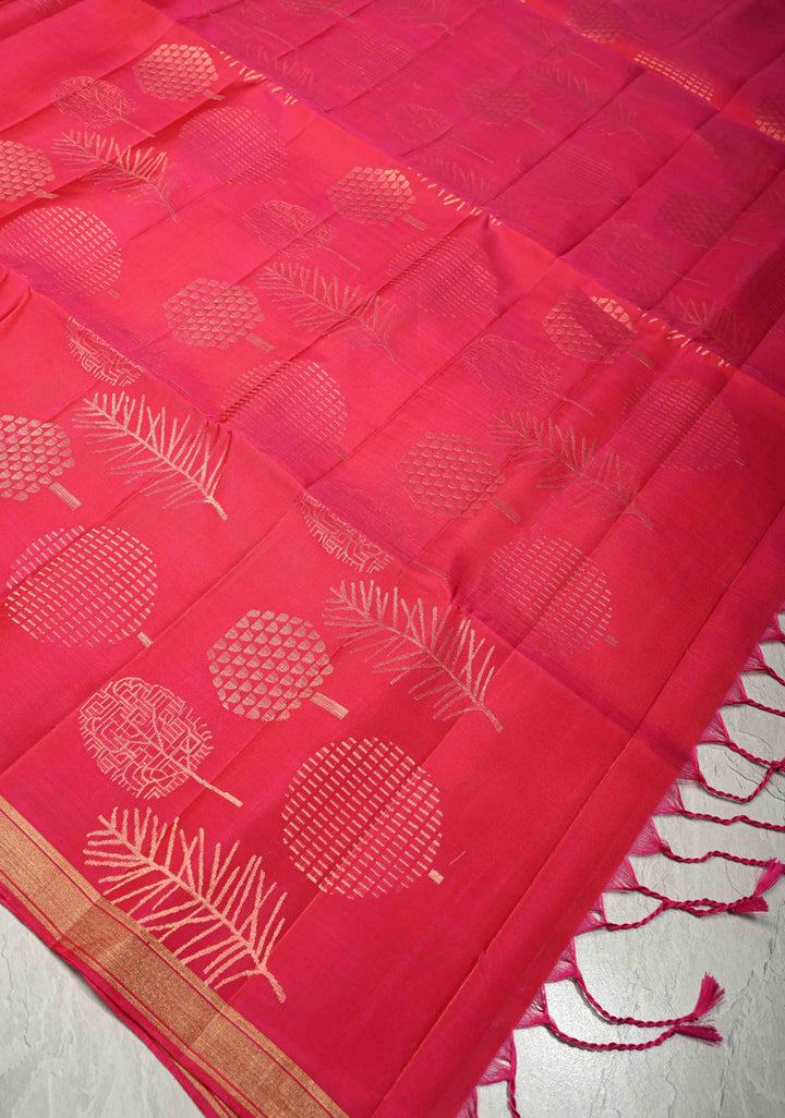 Rani Pink Dual Tone Lightweight Pure Kanjivaram Soft Silk Saree with Tree Motifs and Minimal Zari Border | SILK MARK CERTIFIED