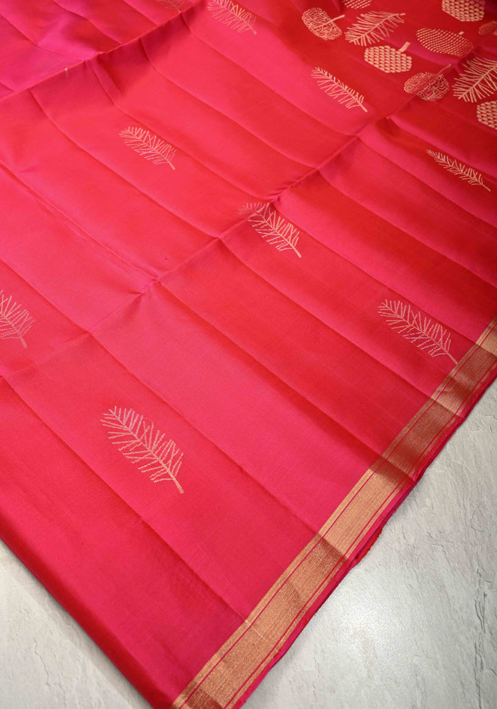 Rani Pink Dual Tone Lightweight Pure Kanjivaram Soft Silk Saree with Tree Motifs and Minimal Zari Border | SILK MARK CERTIFIED