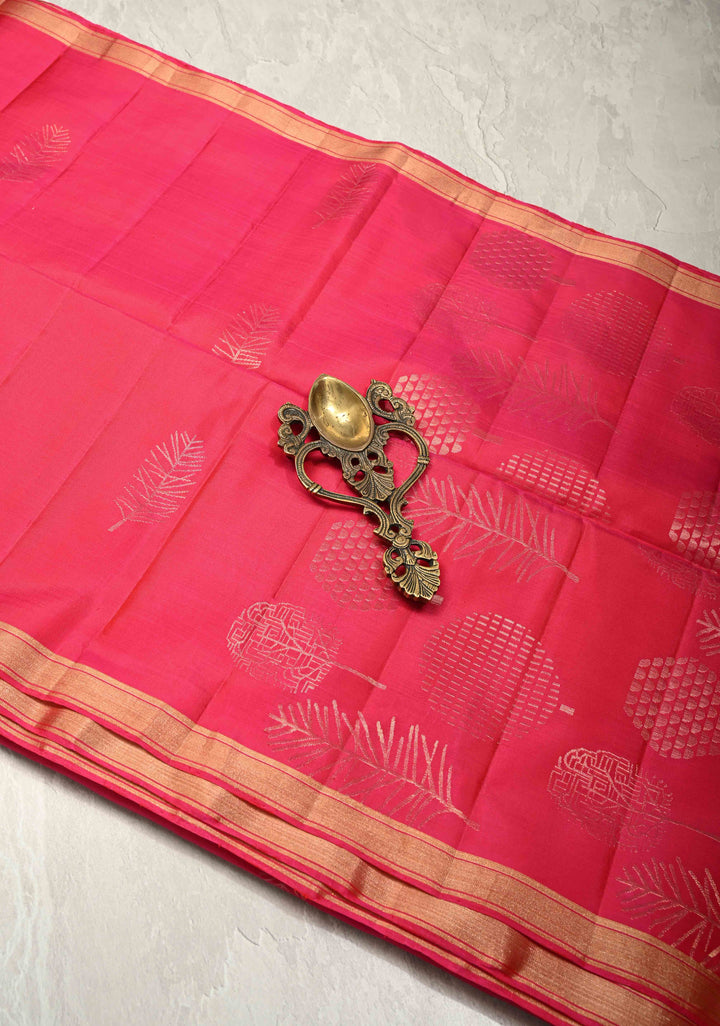 Rani Pink Dual Tone Lightweight Pure Kanjivaram Soft Silk Saree with Tree Motifs and Minimal Zari Border | SILK MARK CERTIFIED