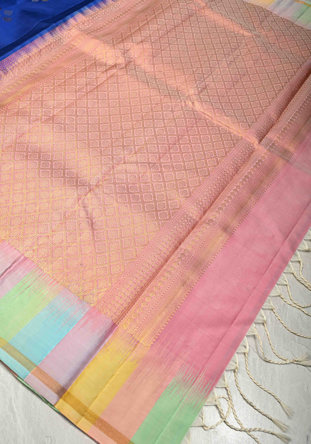 Royal Blue Pure Kanjivaram Soft Silk Saree with Gold-Silver Floral Buttas and  Rangkaat Style Border | SILK MARK CERTIFIED