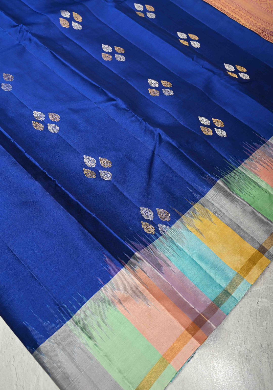 Royal Blue Pure Kanjivaram Soft Silk Saree with Gold-Silver Floral Buttas and  Rangkaat Style Border | SILK MARK CERTIFIED