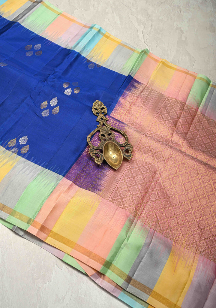 Royal Blue Pure Kanjivaram Soft Silk Saree with Gold-Silver Floral Buttas and  Rangkaat Style Border | SILK MARK CERTIFIED