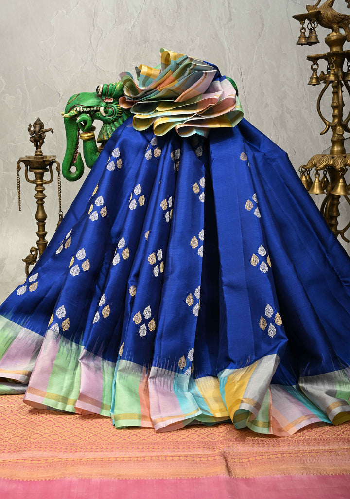 Royal Blue Pure Kanjivaram Soft Silk Saree with Gold-Silver Floral Buttas and  Rangkaat Style Border | SILK MARK CERTIFIED