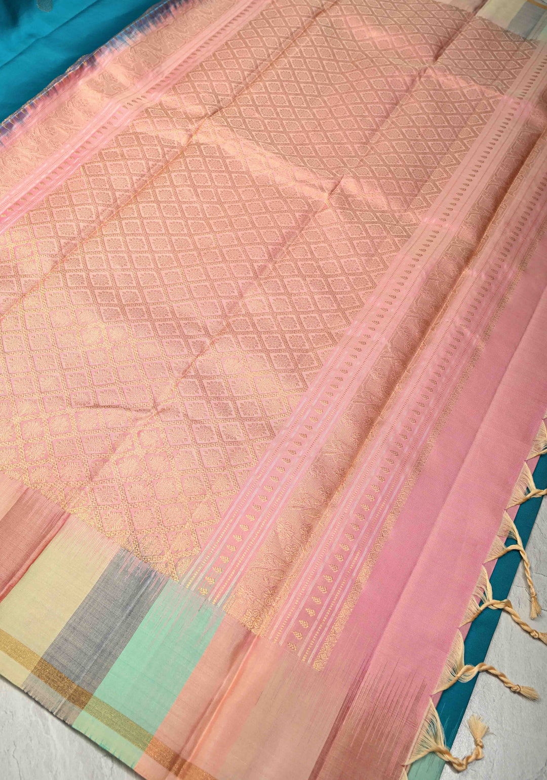 Turquoise Blue Pure Kanjivaram Soft Silk Saree with Gold-Silver Floral Buttas and Rangkaat Style Border | SILK MARK CERTIFIED